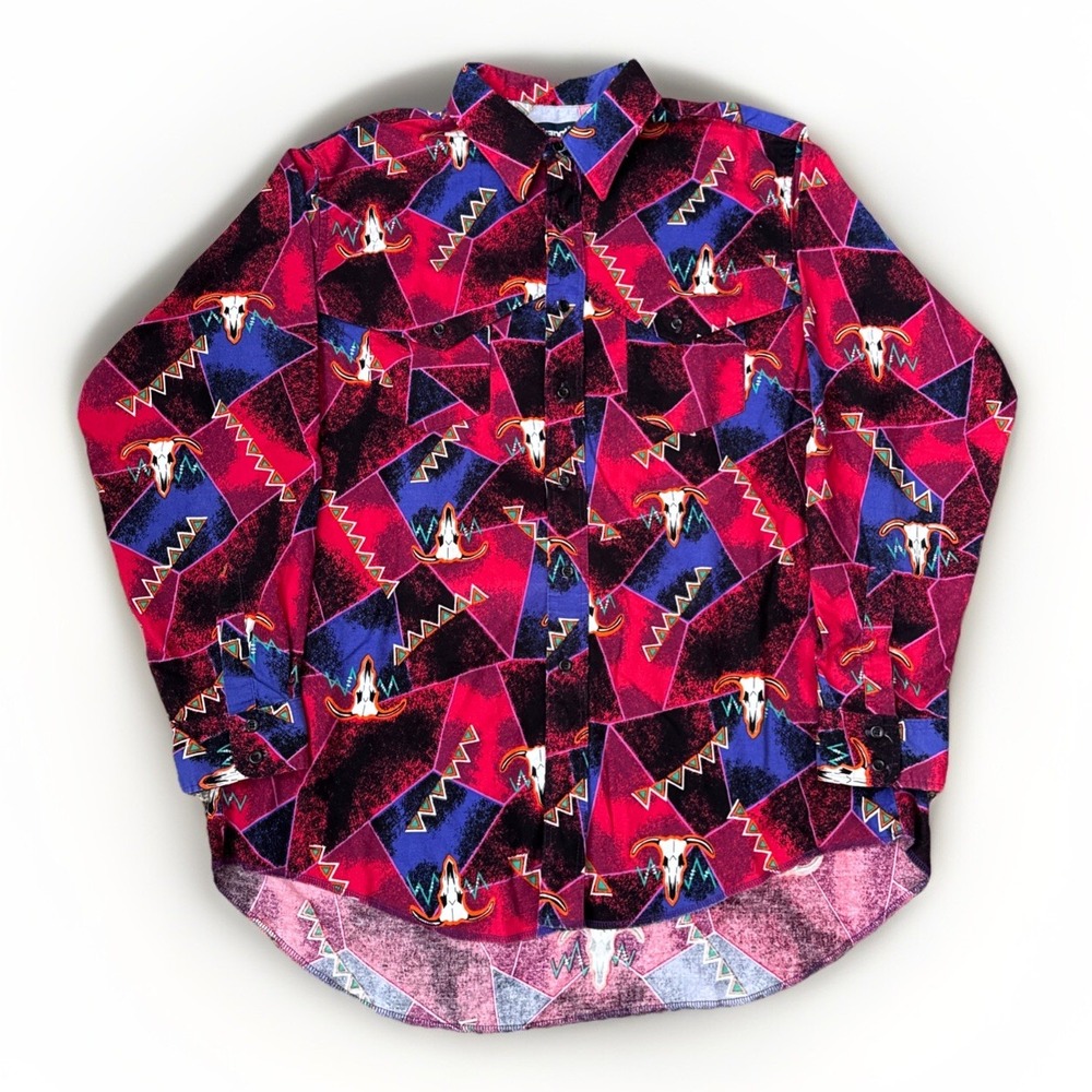 Vintage Wrangler Brushpopper Shirt Mens L Skulls Neon Cowboy western 17.5 X 35‎